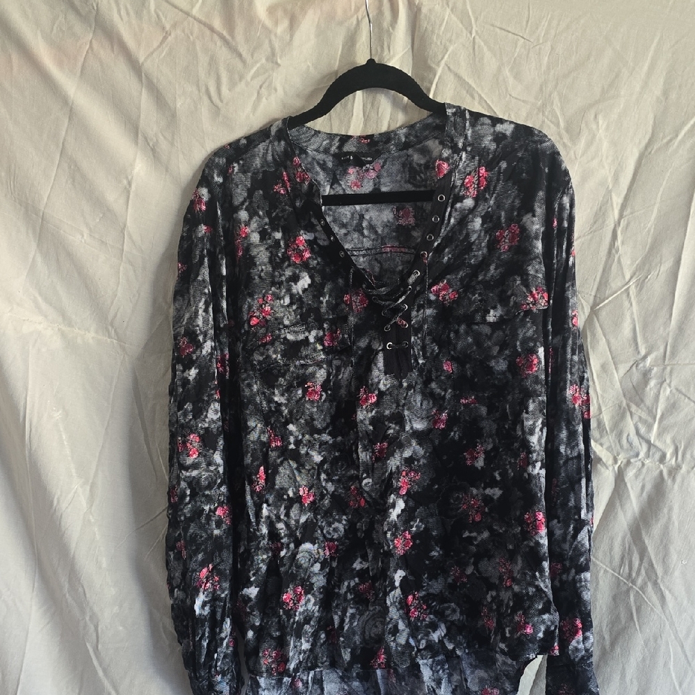Rock & Republic Black and Pink Lace-Up Blouse